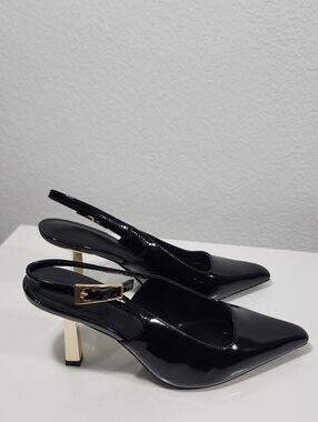 White House Black Market Black Patent Slingback Pumps with Gold Heel Accent 8